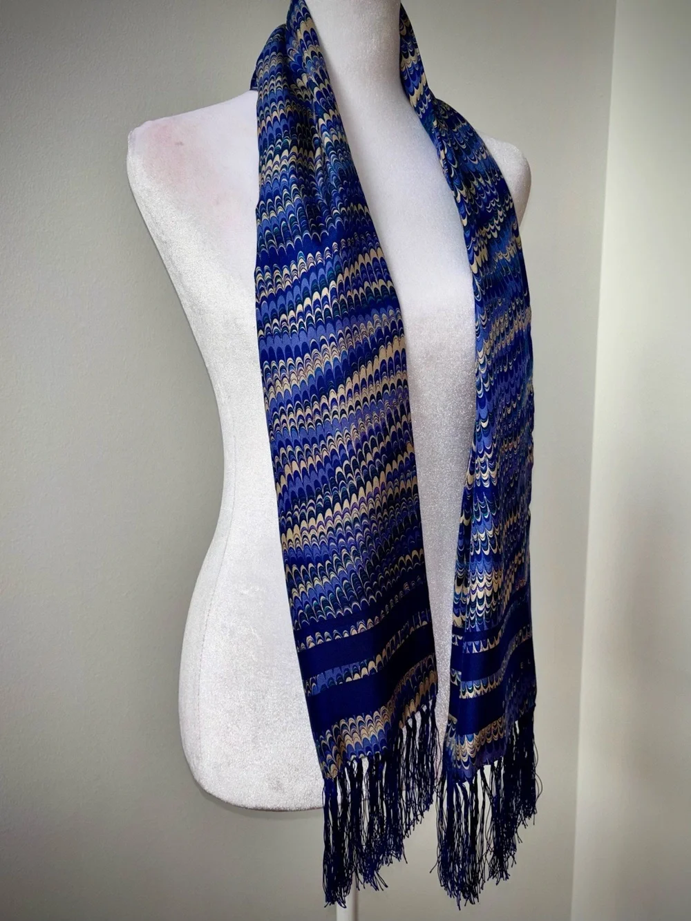 Perry Ellis Blue Art Deco Satin Fringe Scarf Vintage Glam Style